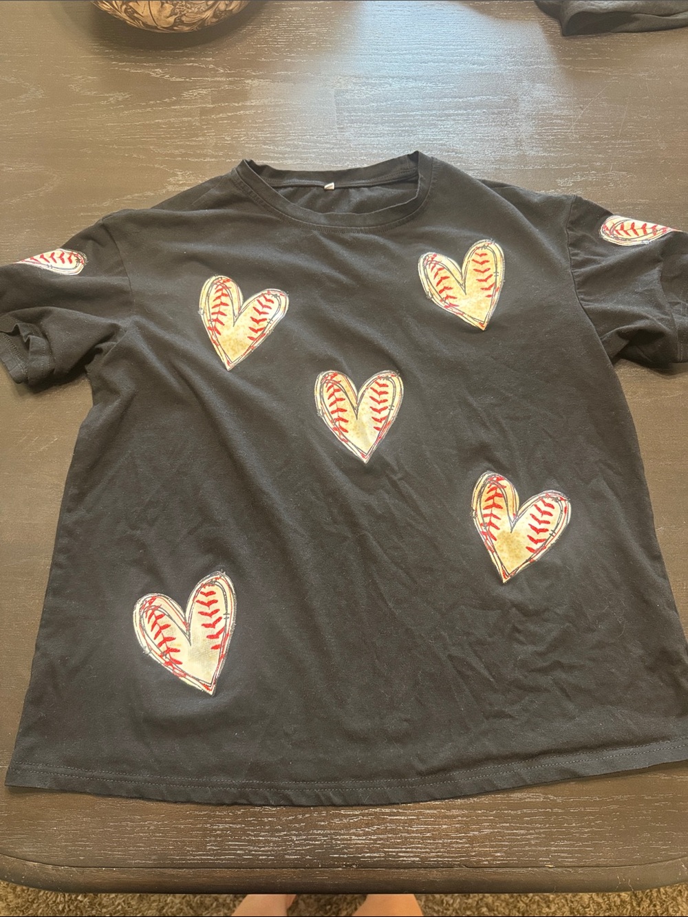 Women's Black Short-Sleeve Tee with Baseball Heart Appliqués